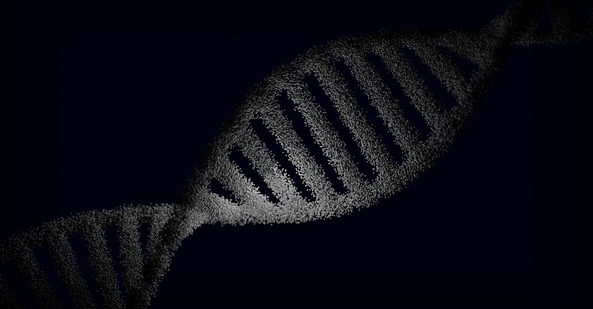 Ilustración digital de una doble hélice de ADN formada por miles de partículas grises sobre fondo oscuro, representando las autopistas evolutivas del genoma.
