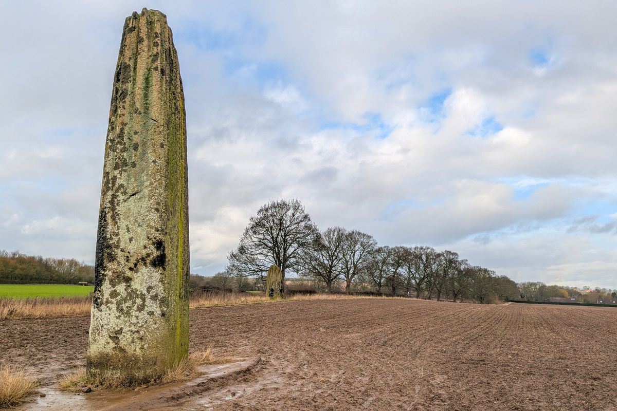 Una de las Flechas del Diablo, un megalito de piedra arenisca cubierto de musgo y líquenes, de pie en un campo de labranza en Yorkshire, con otra piedra similar al fondo.