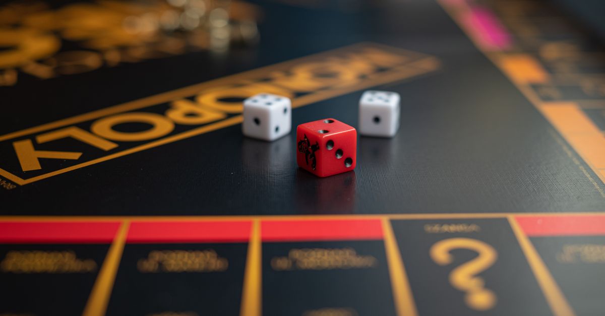 Dos dados blancos y un dado rojo sobre un tablero de Monopoly, junto a una casilla de sorpresa.